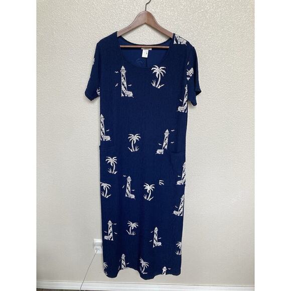 Vejaiz Designs Blue Gauzy Nautical Maxi Dress size Large Coastal short sleeve - Picture 1 of 4